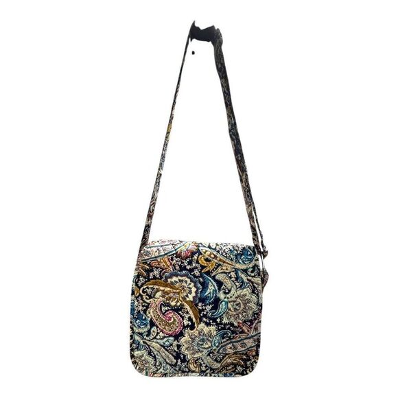 Belvah Paisley Print Crossbody Quilted Bag Purse Navy Blue Yellow Medium - Picture 2 of 11